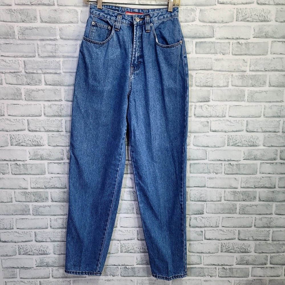 Vintage 90s Unionbay Jrs 7 High Waisted Med Wash Tapered Leg Jeans 25X31